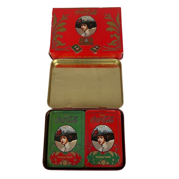 Coca-Cola Gibson Girls 2 Decks Playing Cards New In Tin Red Green Christmas Card - Picture 1 of 15